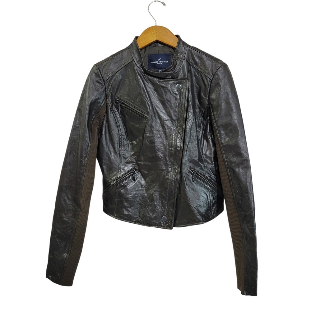 Daniel Hechter Leather Moto Jacket Womens Medium Brown Asymmetrical Biker